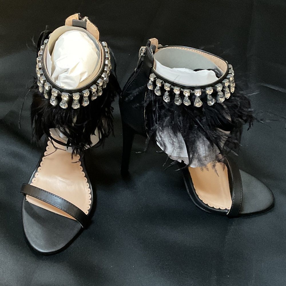 Zigi Soho Black Feathered Heels with Bead Accents